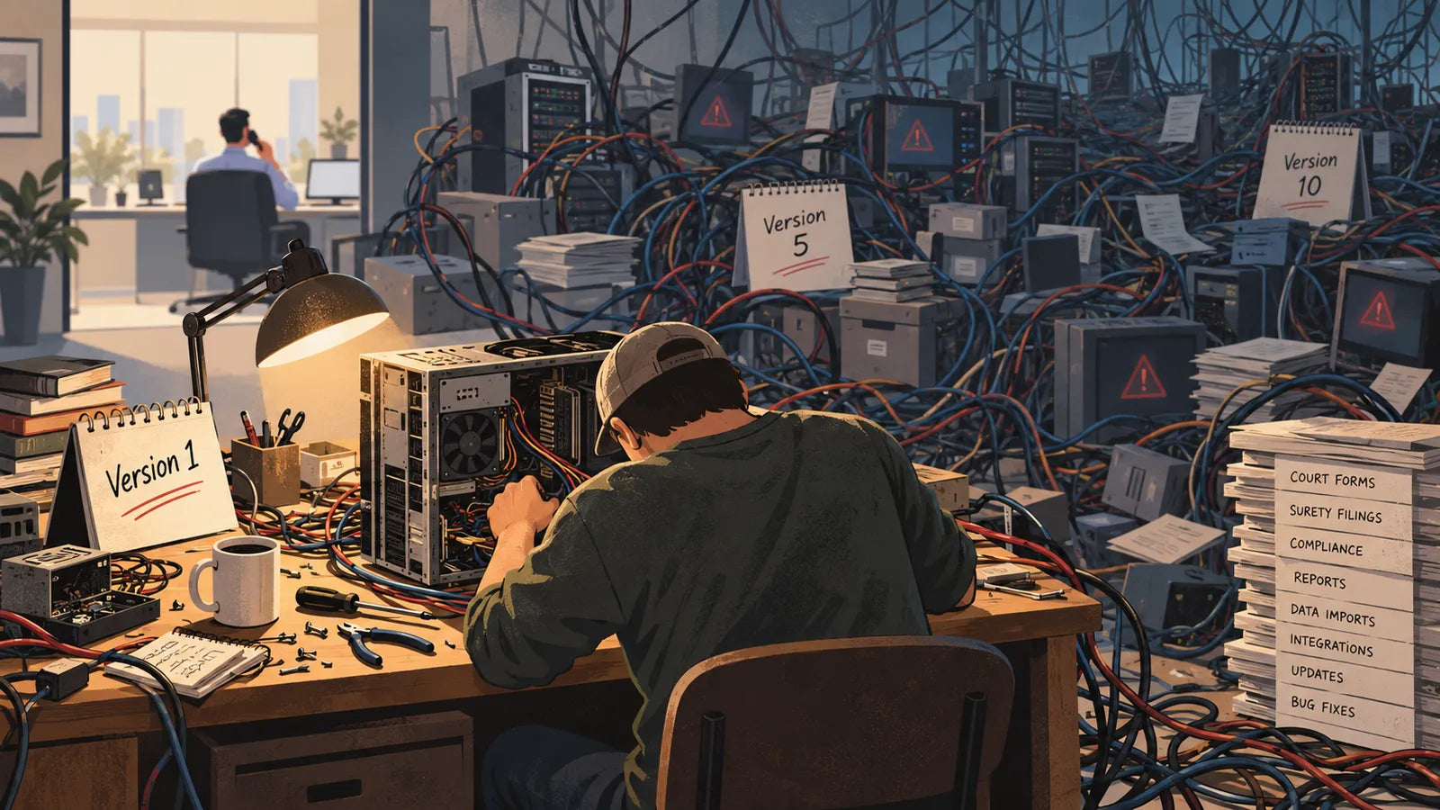An agency owner hunched over a tangle of cables and servers, with Version 1, Version 5 and Version 10 signs and a stack of court forms, surety filings and bug fixes