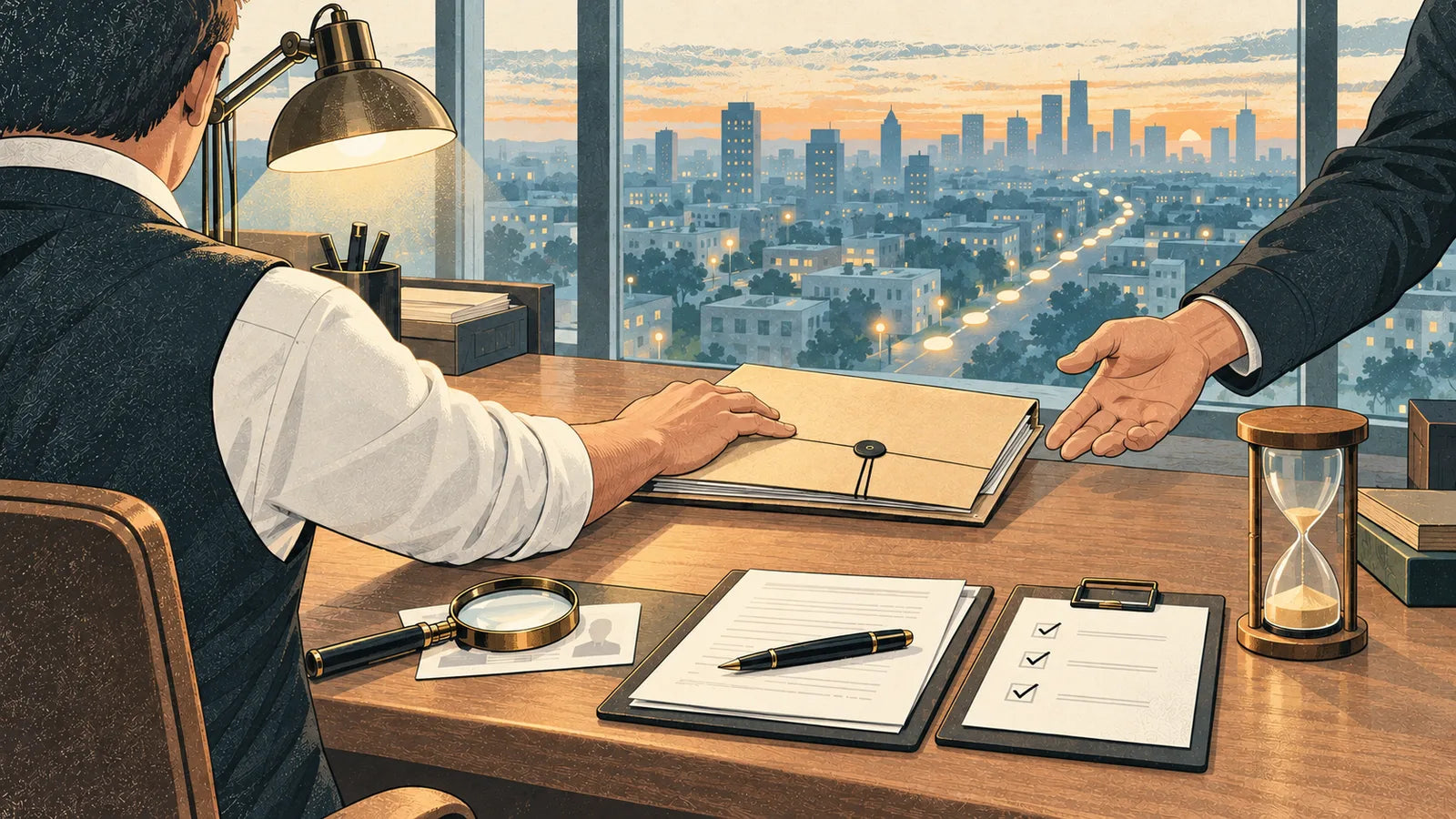 A bail agent sliding a sealed case folder across a desk toward a recovery agent, with a magnifying glass over a license card, a signed contract, a checklist and an hourglass